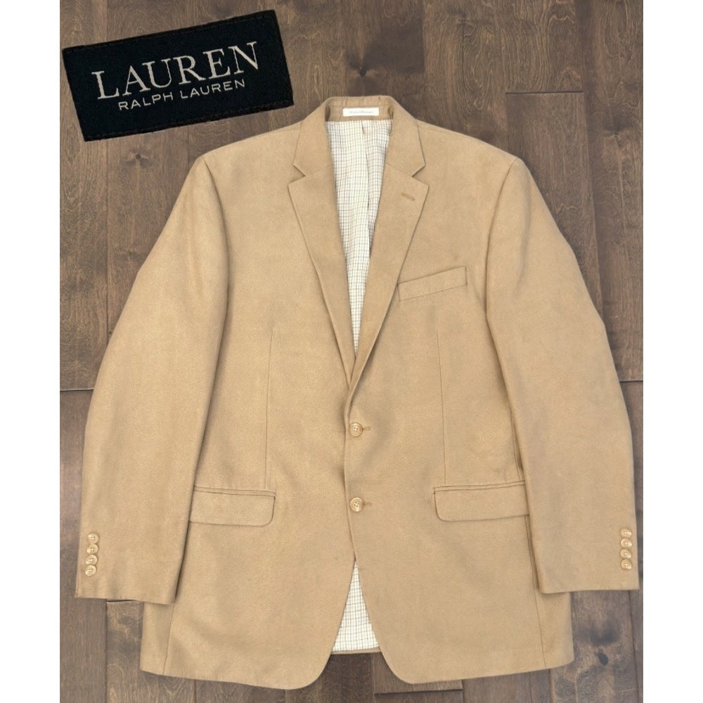 Lauren Ralph Lauren Mens Beige Blazer Faux Suede‎ Jacket Size 44L Two Button